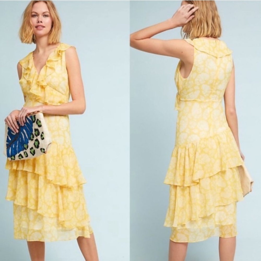 DRA Anthropologie Sunny Days Ruffled Yellow Motif Dress